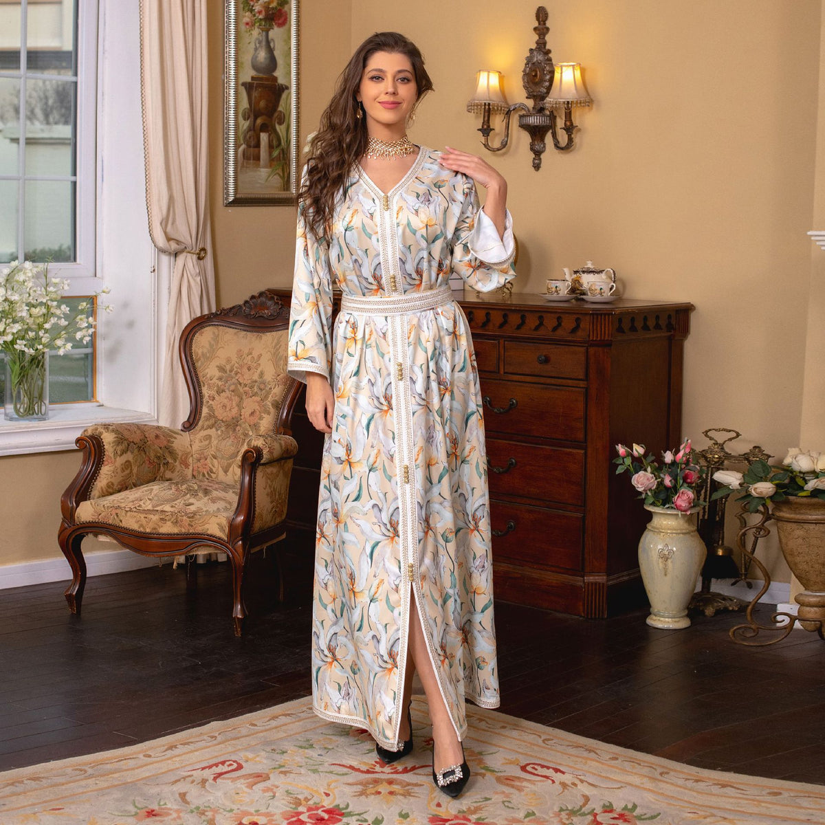 Jalabiya Printing Flower Soft Belt Dress