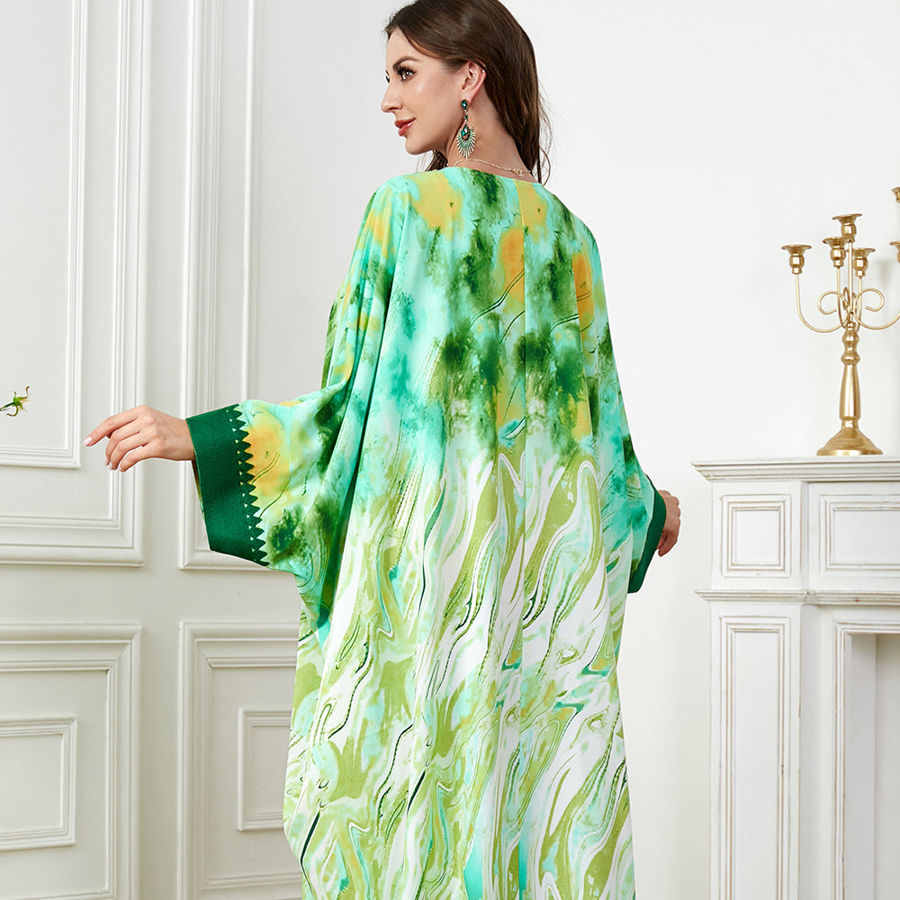 Jalabiya Vibrant printed jalabiya | Delicate lace trim on sleeves | Batwing sleeves | Exquisite and elegant maxi dress