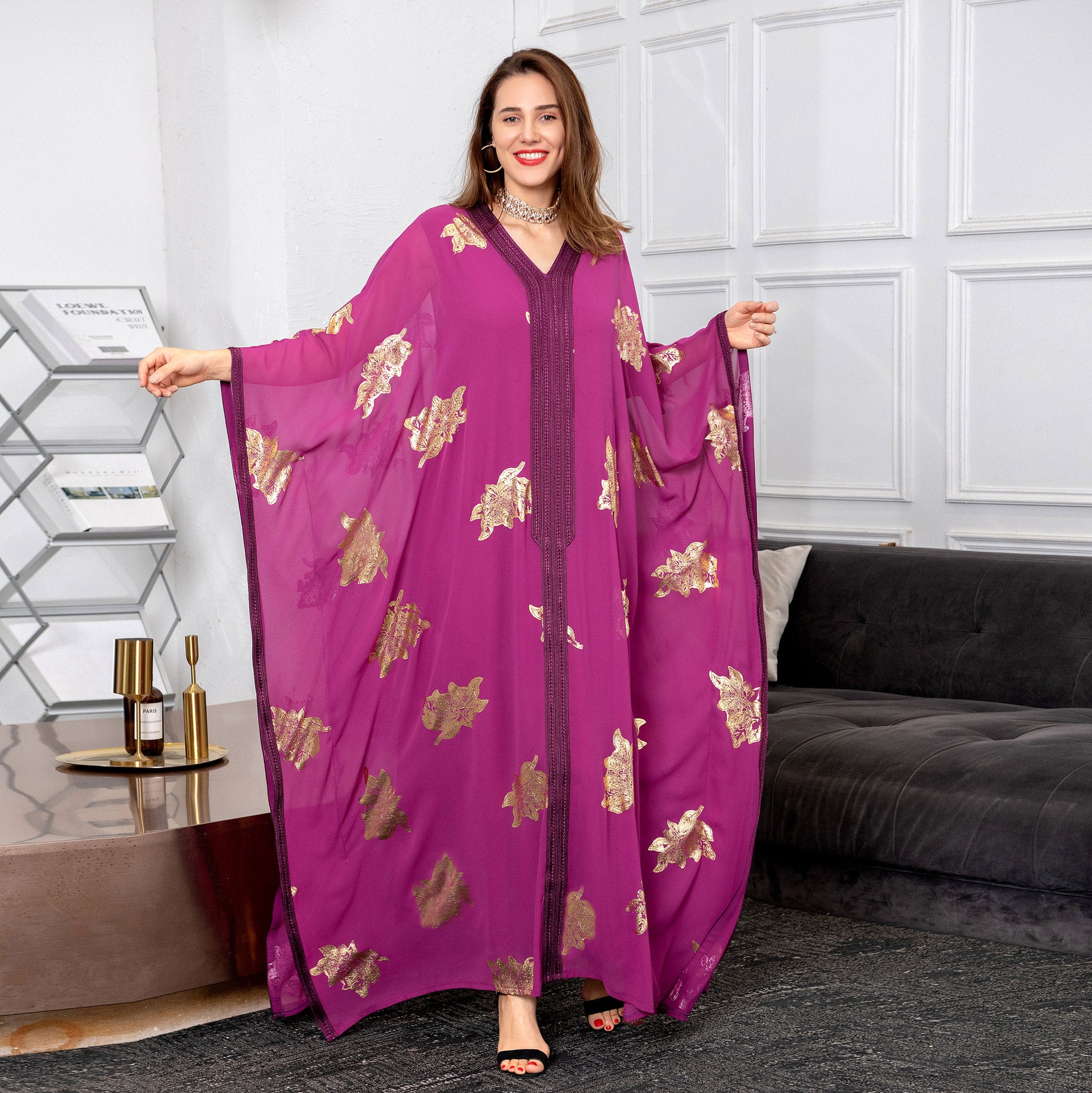 Jalabiya Hot stamping Dolman Sleeve Chiffon Dress