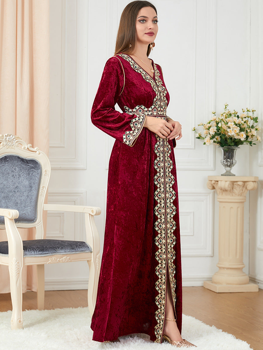 Jalabiya V-neck Long Sleeve Knitted Gold Velvet Dress