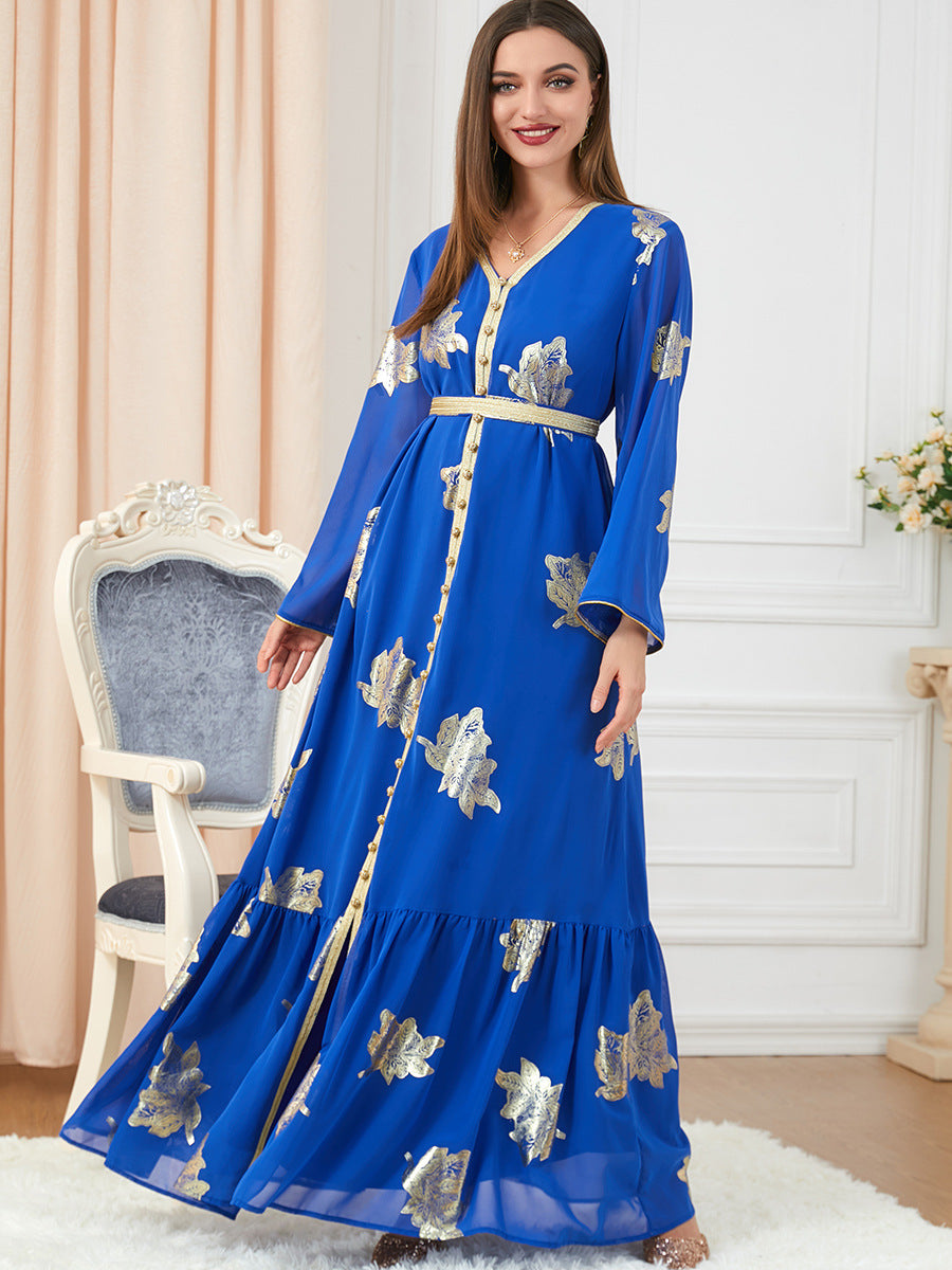 Jalabiya printing solid blue Hot stamping dress