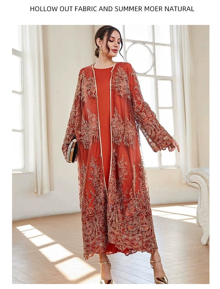 Jalabiya Embroidery Fashion Casual Mesh  dress