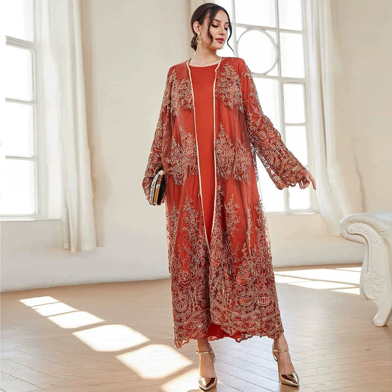 Jalabiya Embroidery Fashion Casual Mesh  dress