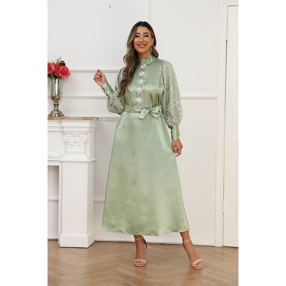 Embroidered Silk Muslim Solid Color Long Robe Dress