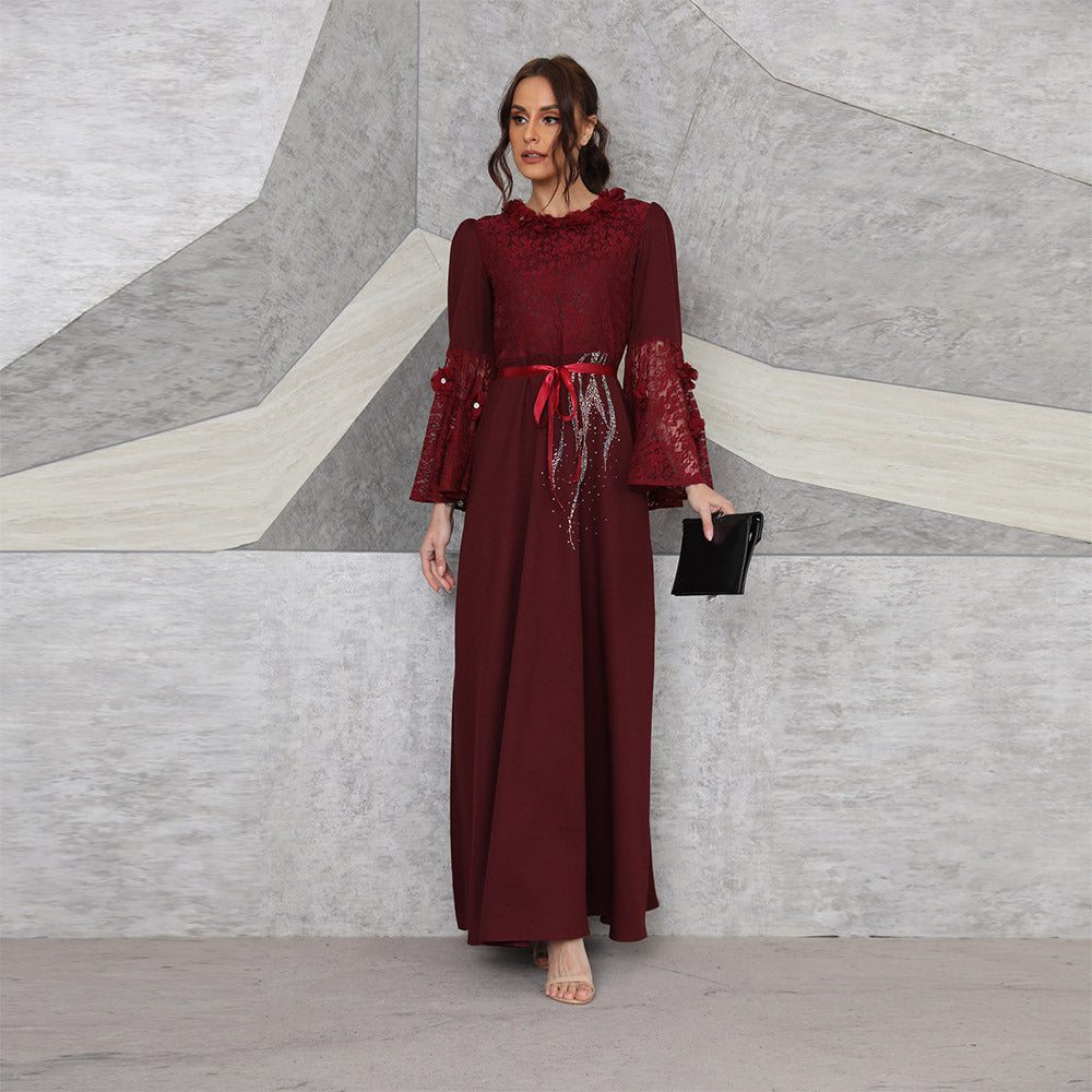 Muslim maroon lace sequin long dress