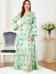 Jalabiya printing Full flower split fork dress