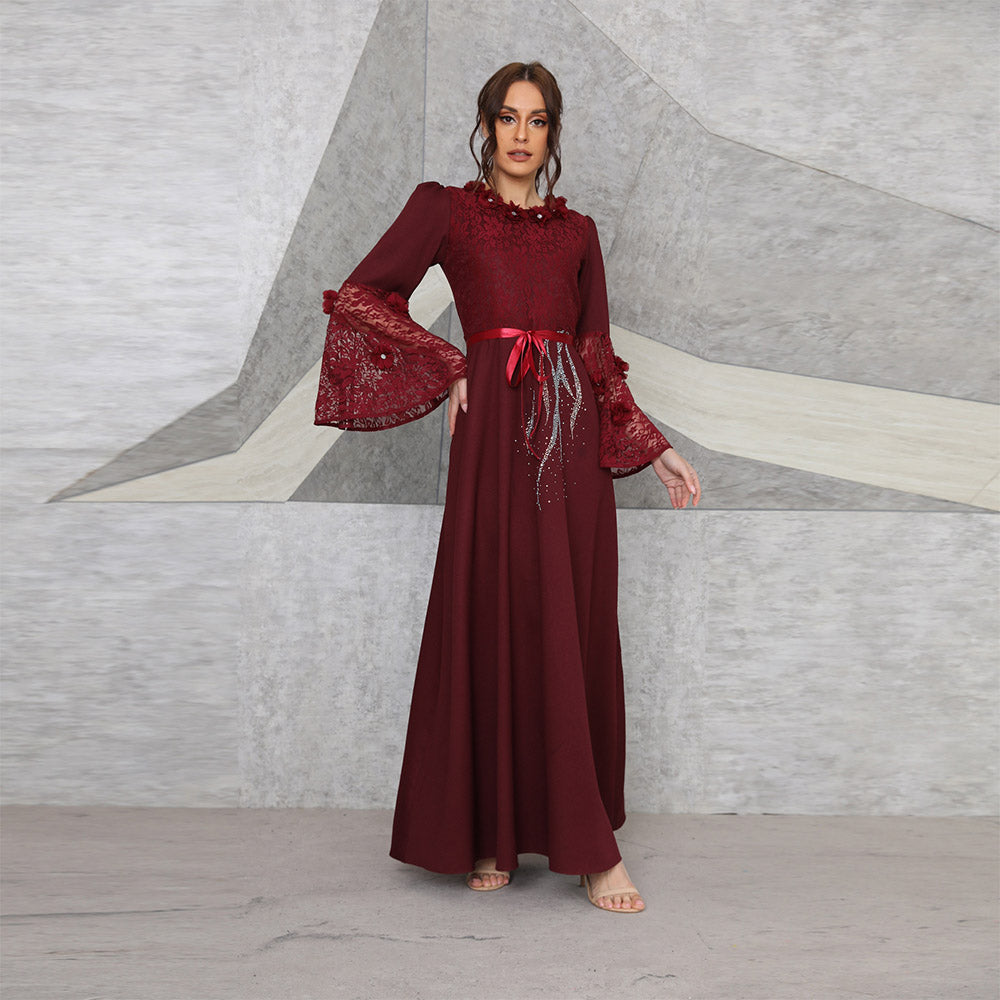 Muslim maroon lace sequin long dress