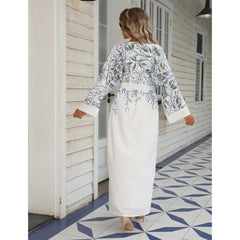 Fashionable slim-fit white printed long robe for women