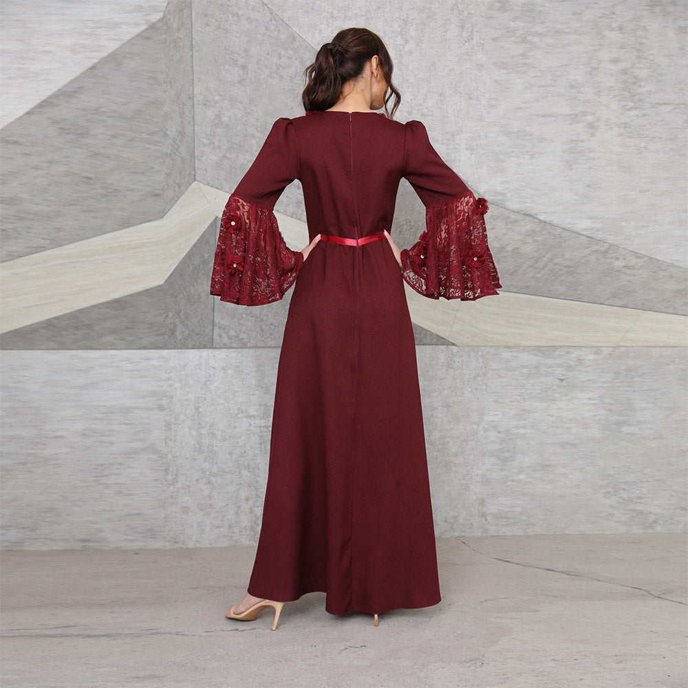 Muslim maroon lace sequin long dress