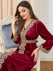 Jalabiya V-neck Long Sleeve Knitted Gold Velvet Dress