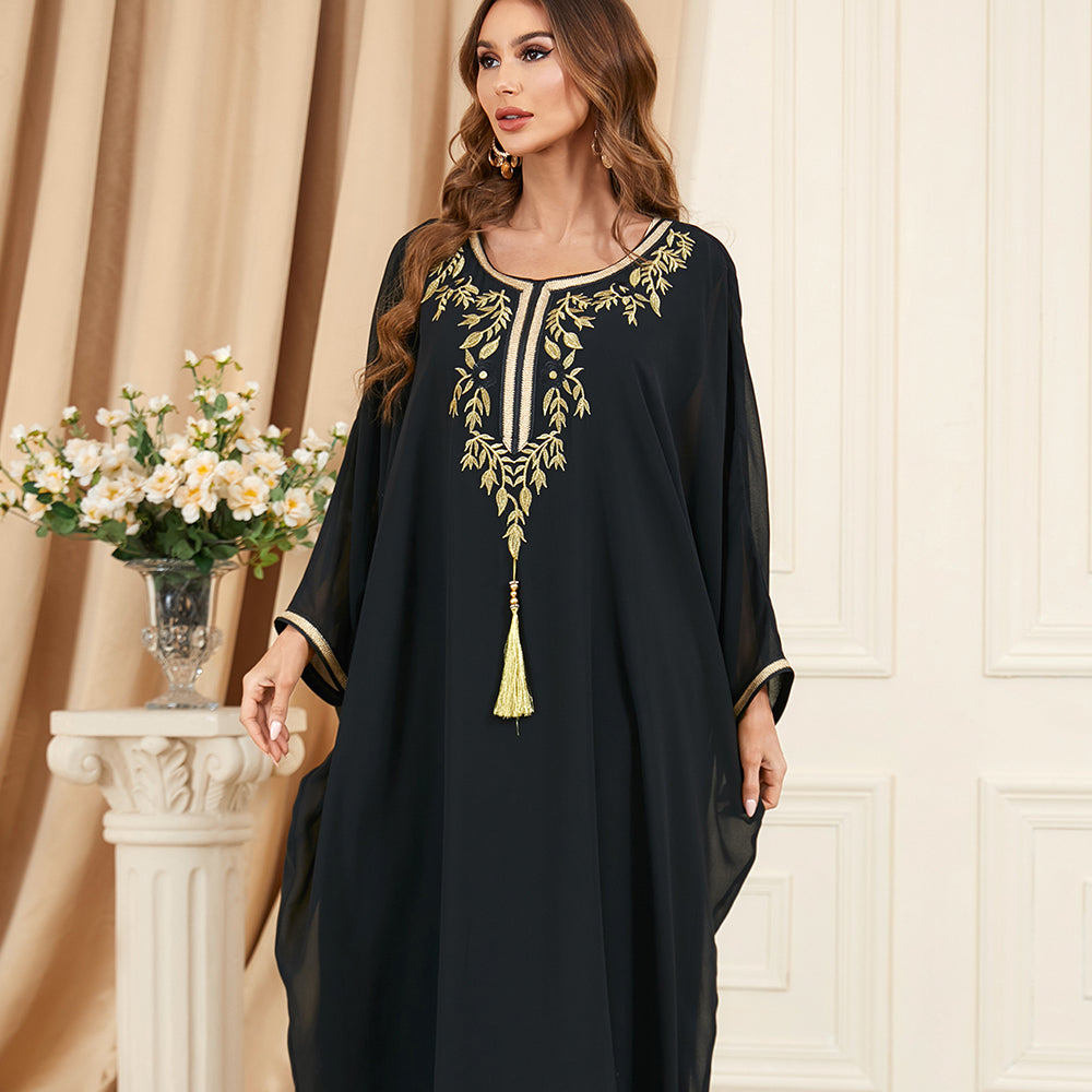 Jalabiya black cotton blend tassel dress