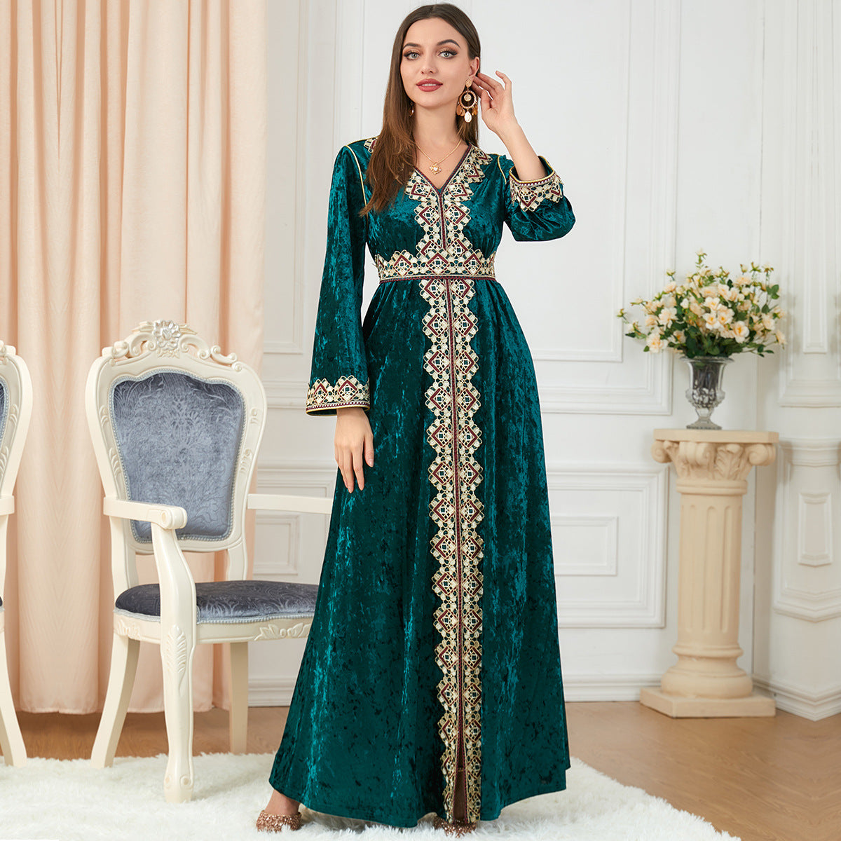 Jalabiya printing Gold velvet embroidery dress