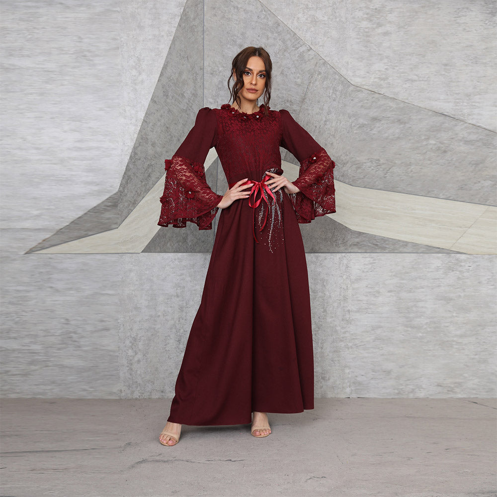 Muslim maroon lace sequin long dress