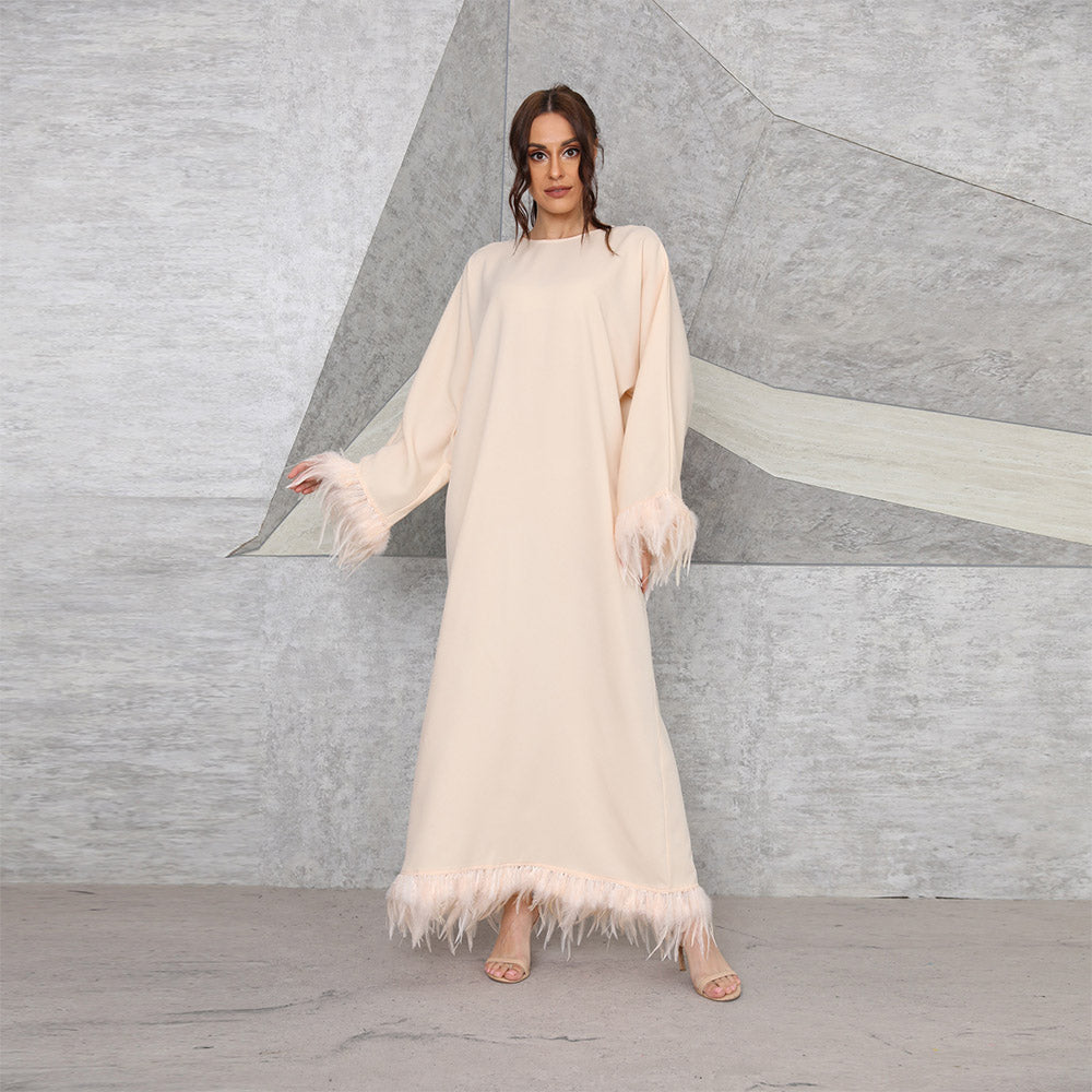 Elegant round neck long-sleeve Muslim dress with feather details