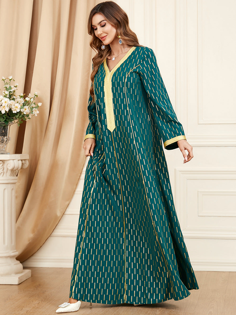 Jalabiya printing Dark green webbing stitching dress