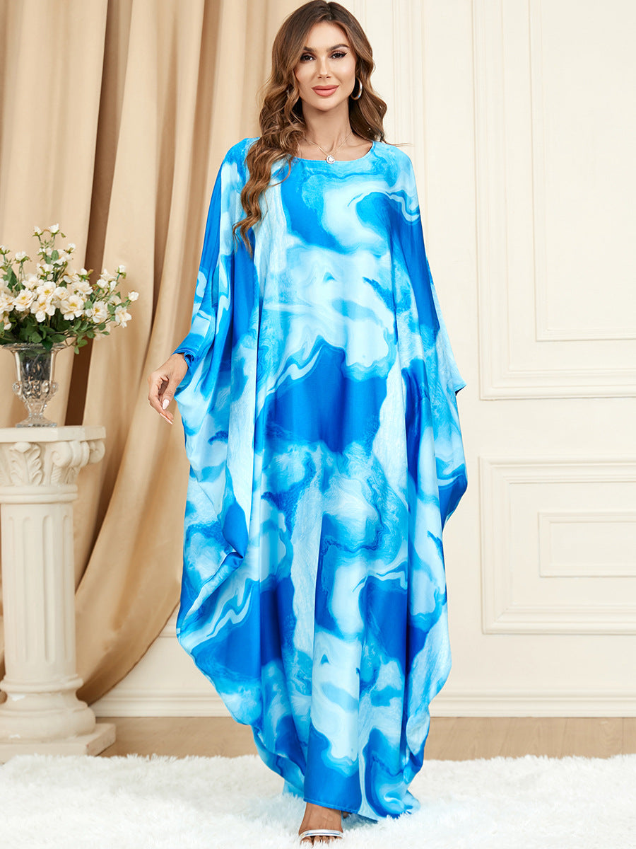 Jalabiya Printing Blue and white contrast Dolman Sleeve Comfortable Dress