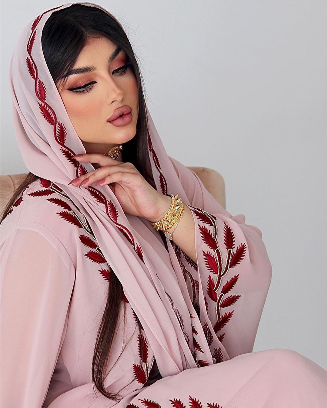 Jalabiya Pink Chiffon Dress With Headscarf