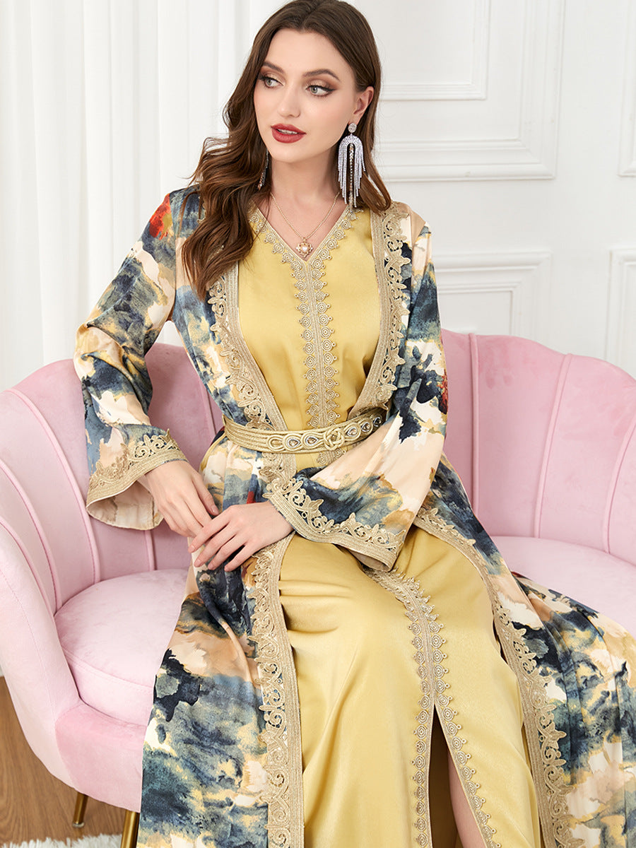 Jalabiya Patchwork Fashion Satin Printing Dress