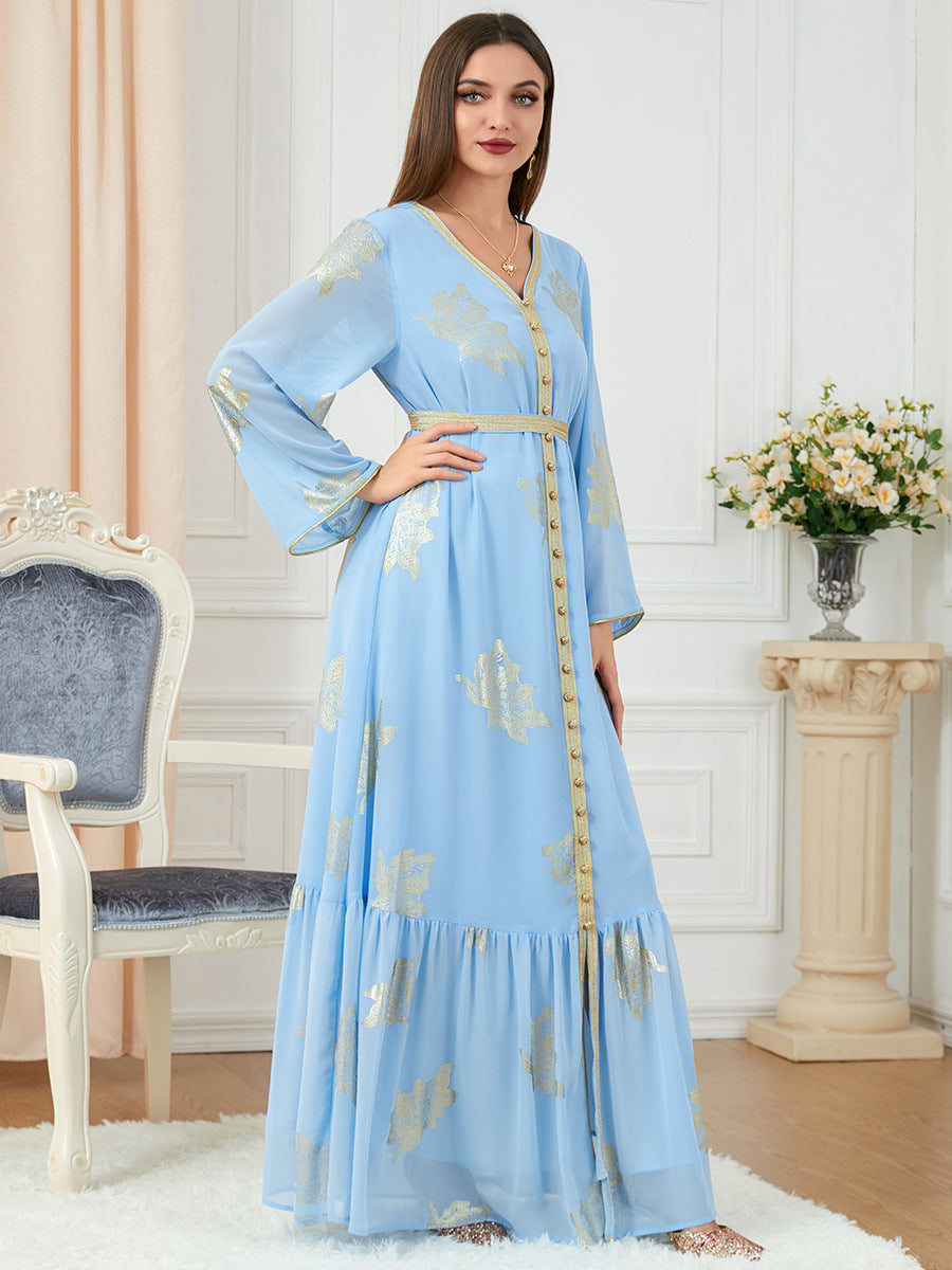 Jalabiya printing Light blue solid color printing dress