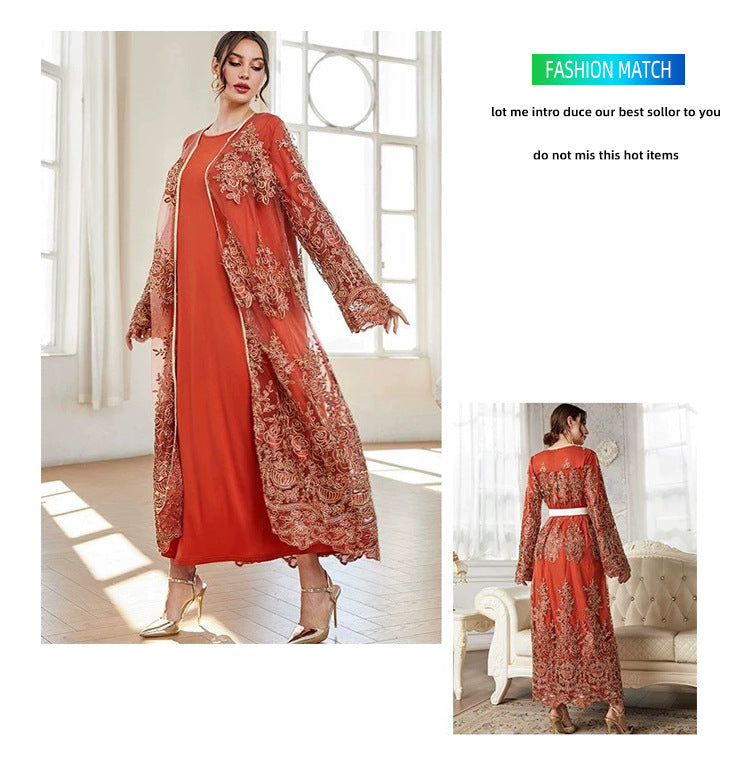 Jalabiya Embroidery Fashion Casual Mesh  dress