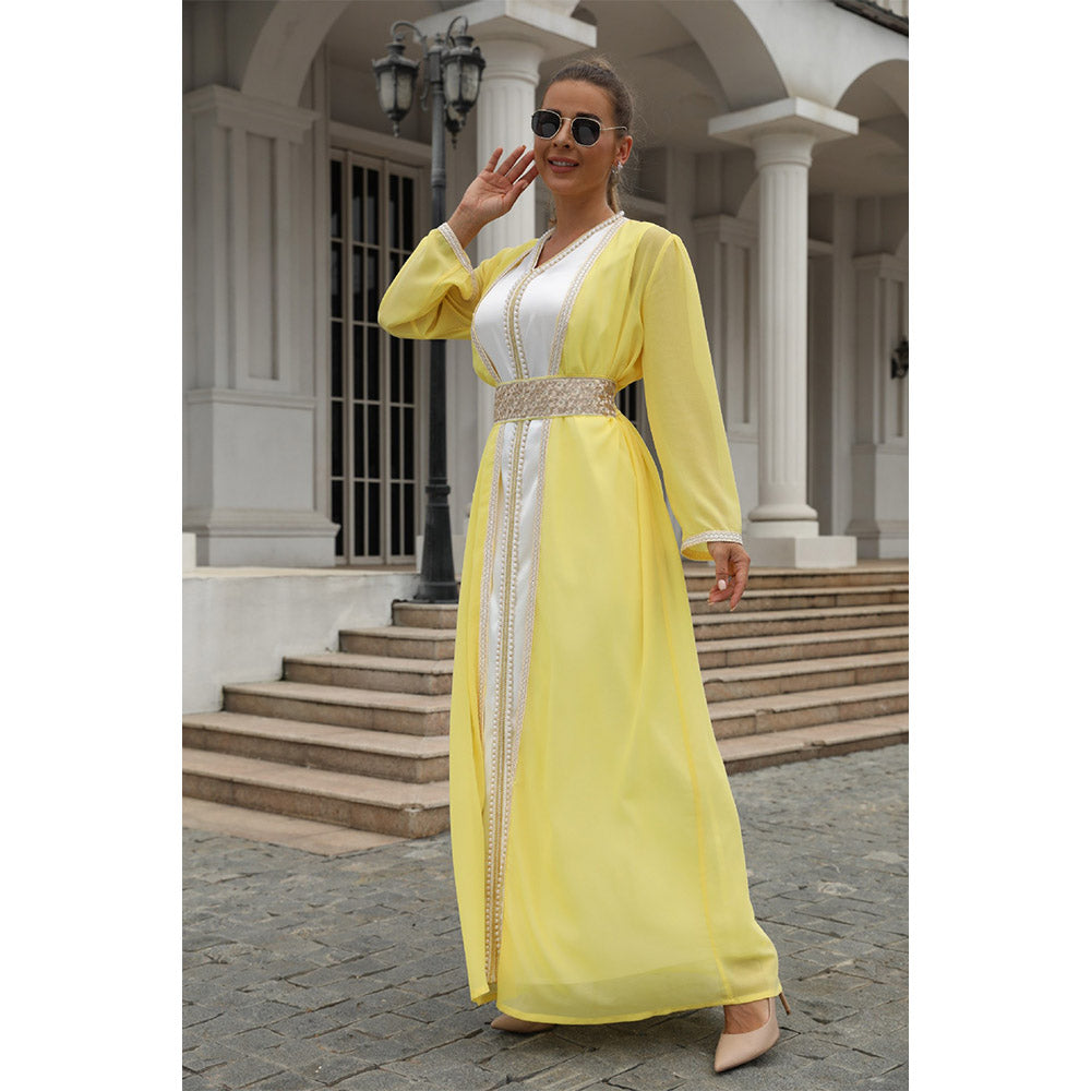 Muslim women's elegant and fashionable long yellow dress