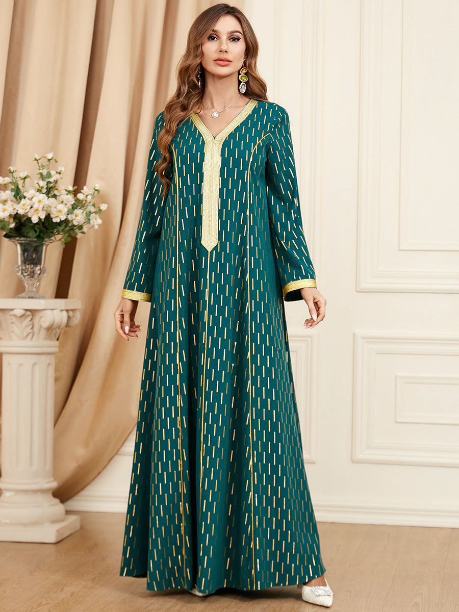 Jalabiya printing Dark green webbing stitching dress