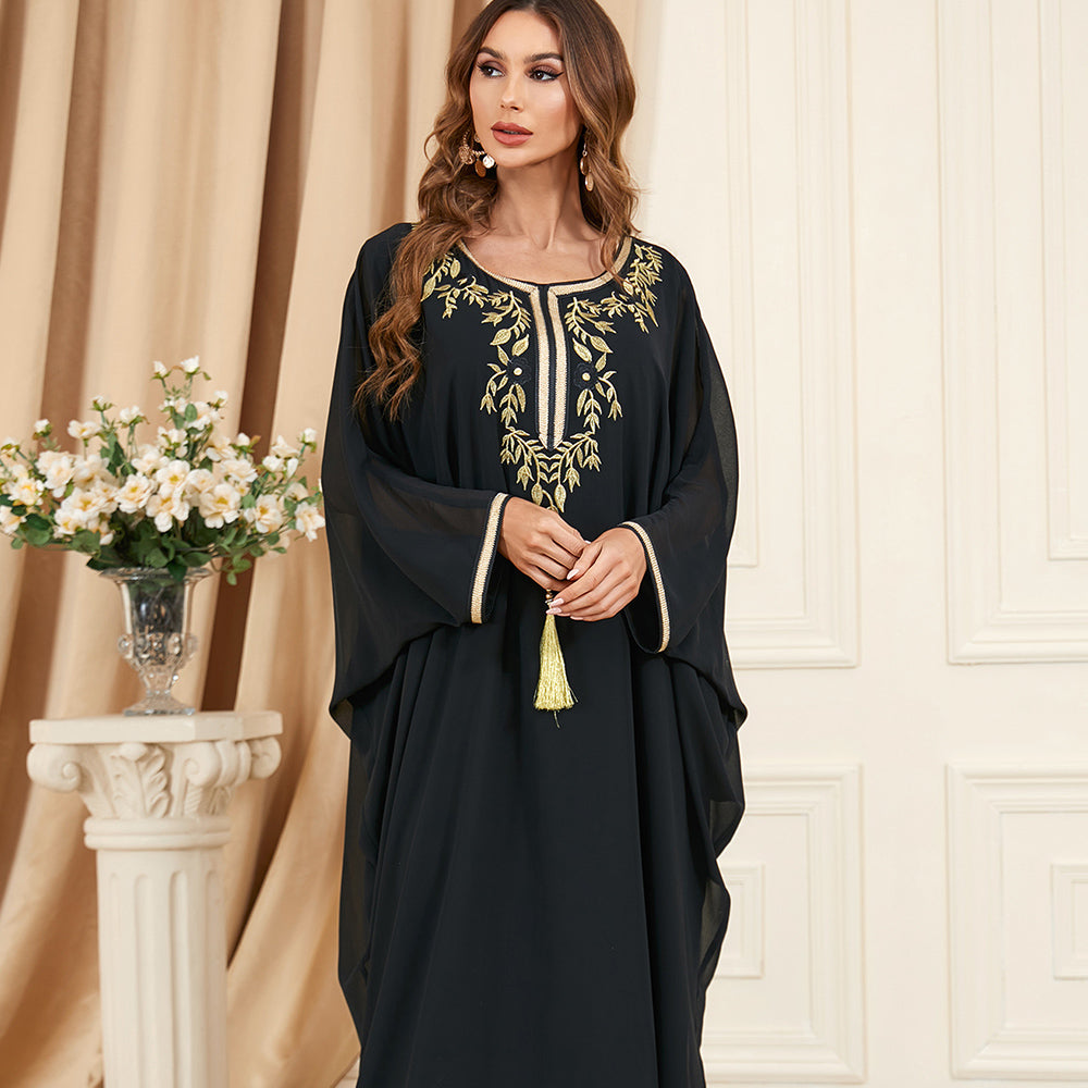 Jalabiya black cotton blend tassel dress