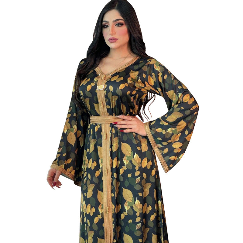 Jalabiya Printing Four-sided bomb Leaf printing dress