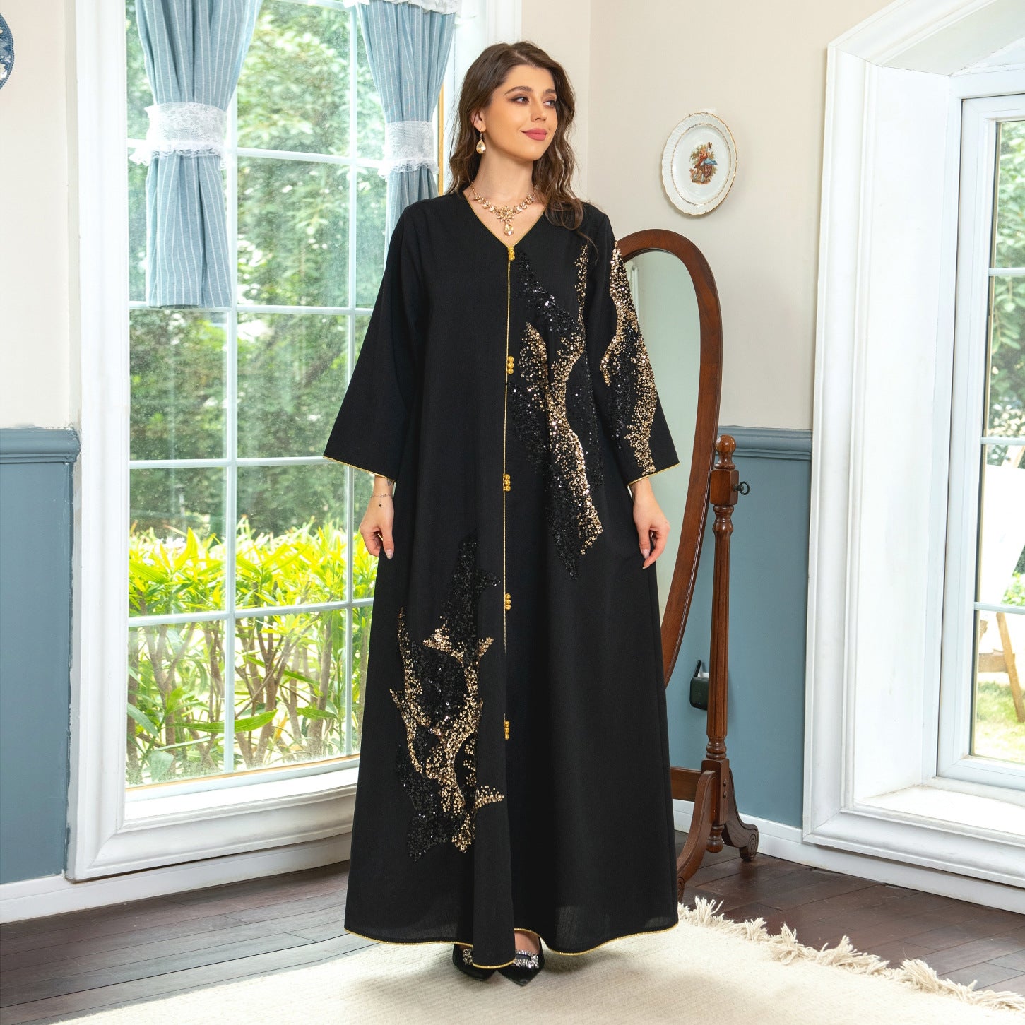 Enchanting jalabiya Beadwork embroidery, patchwork, loose-fitting, exudes refined elegance as a maxi dress