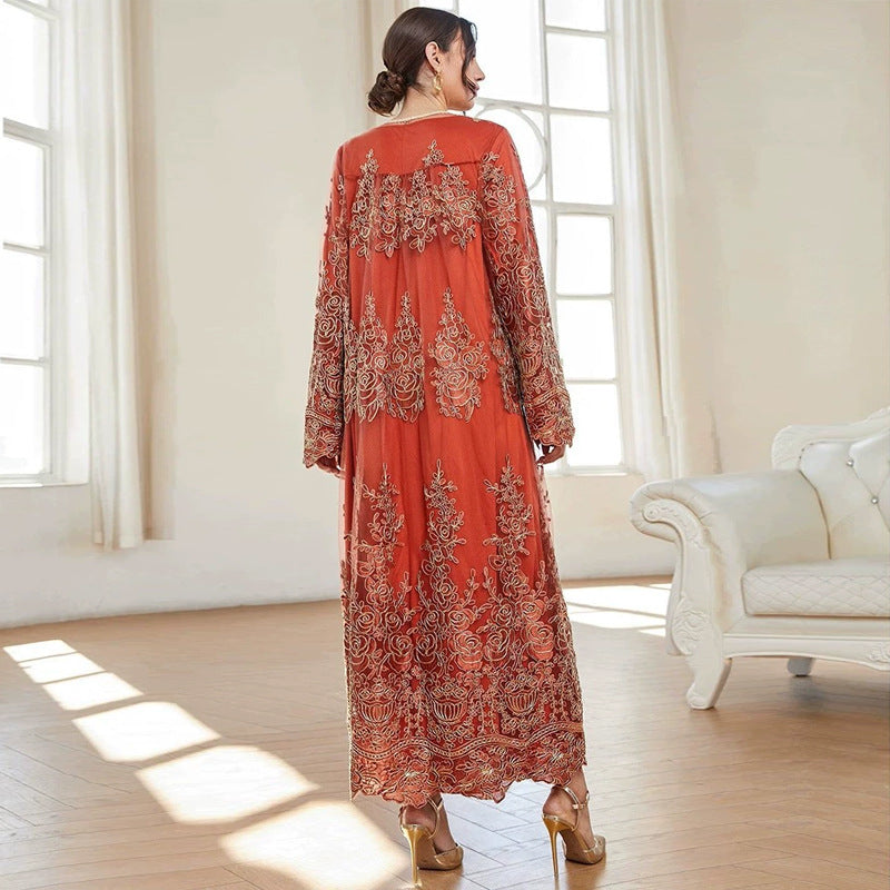 Jalabiya Embroidery Fashion Casual Mesh  dress