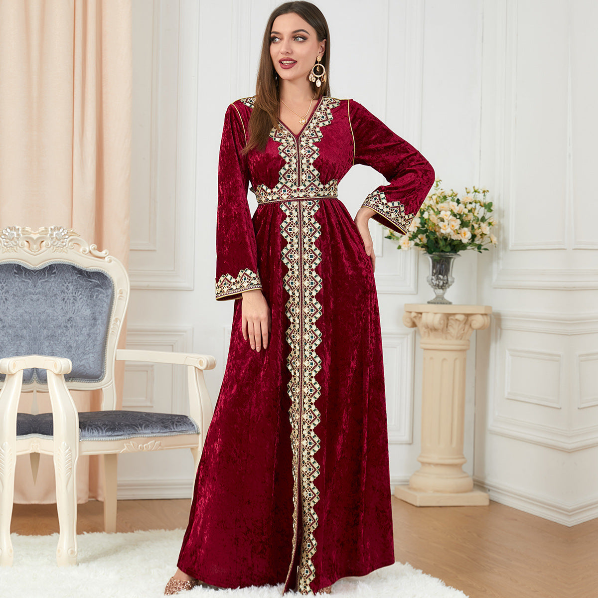 Jalabiya V-neck Long Sleeve Knitted Gold Velvet Dress