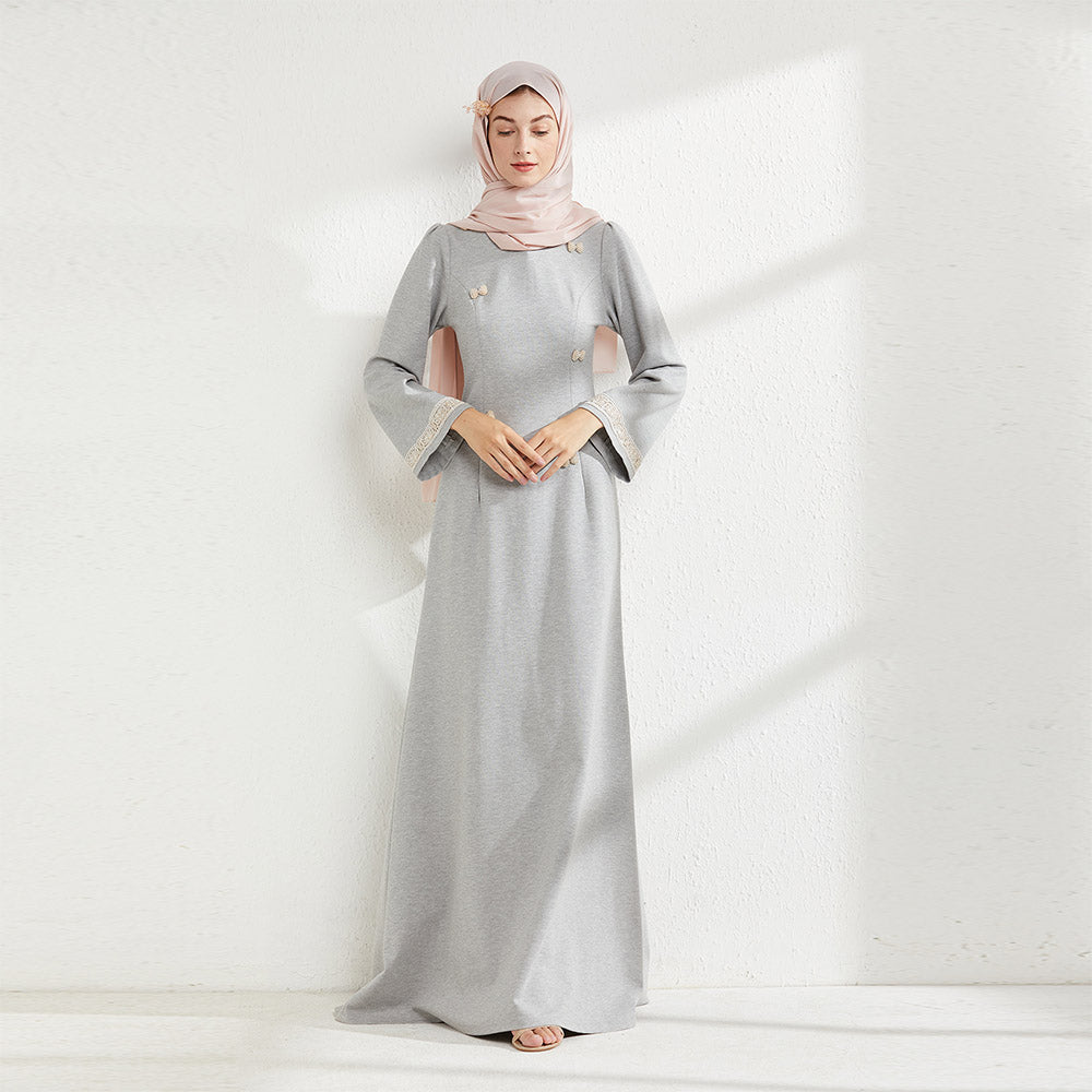 Muslim women's embroidered fishtail long-sleeve dress with a standing collar