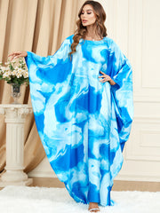 Jalabiya Printing Blue and white contrast Dolman Sleeve Comfortable Dress