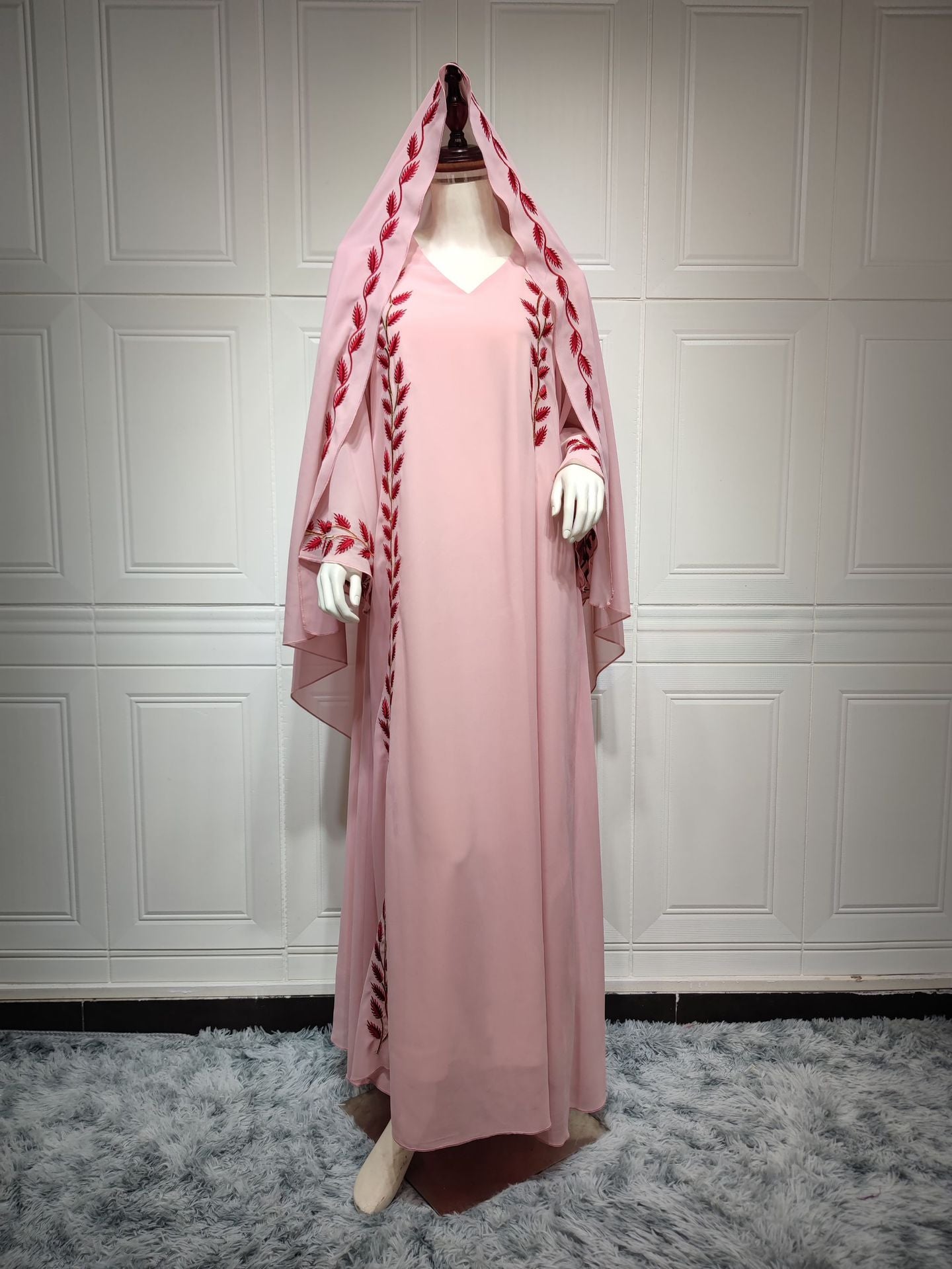 Jalabiya Pink Chiffon Dress With Headscarf