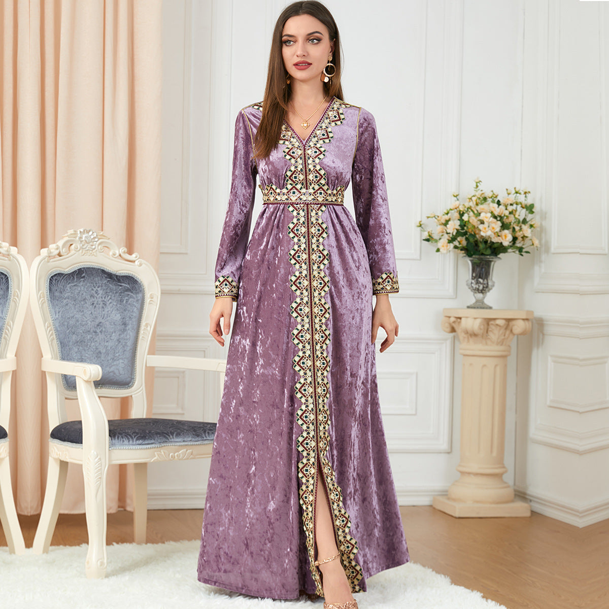 Jalabiya printing Loose and slim V-neck high-end gold velvet dress