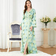 Jalabiya printing Full flower split fork dress