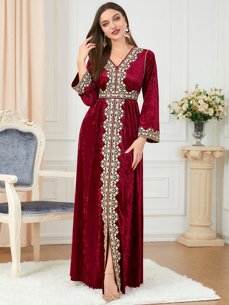 Jalabiya V-neck Long Sleeve Knitted Gold Velvet Dress