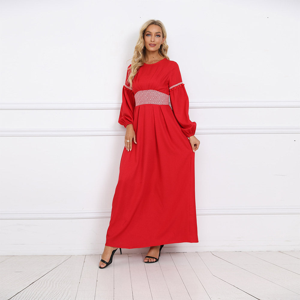 Solid color Muslim fashion elegant lady long dress with a cinched waist