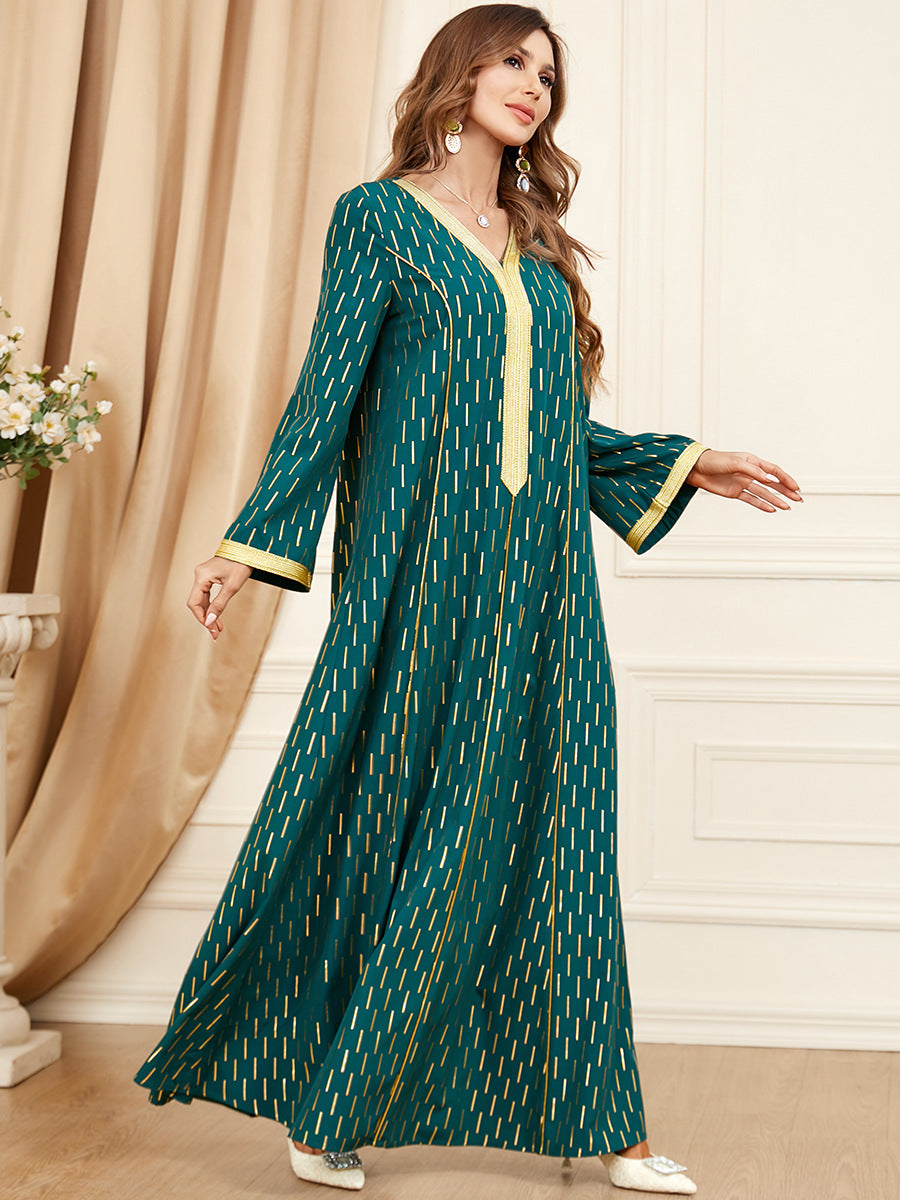 Jalabiya printing Dark green webbing stitching dress