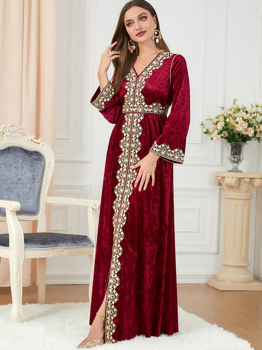 Jalabiya V-neck Long Sleeve Knitted Gold Velvet Dress