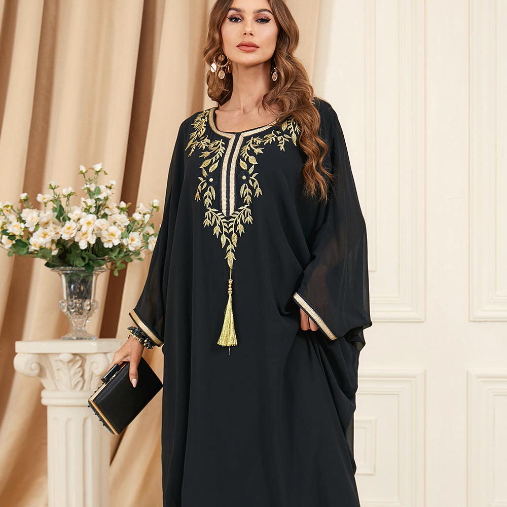 Jalabiya black cotton blend tassel dress