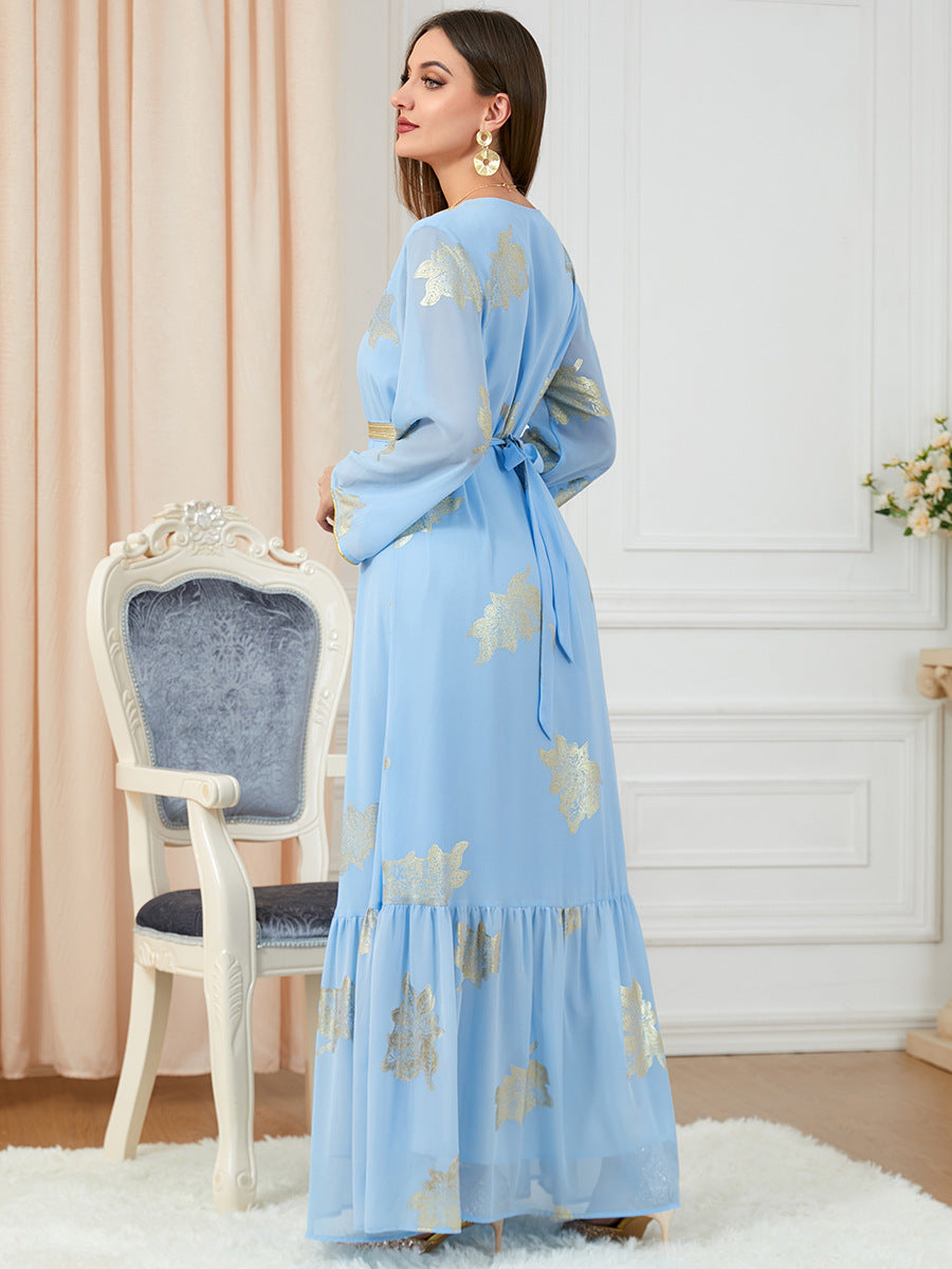 Jalabiya printing Light blue solid color printing dress