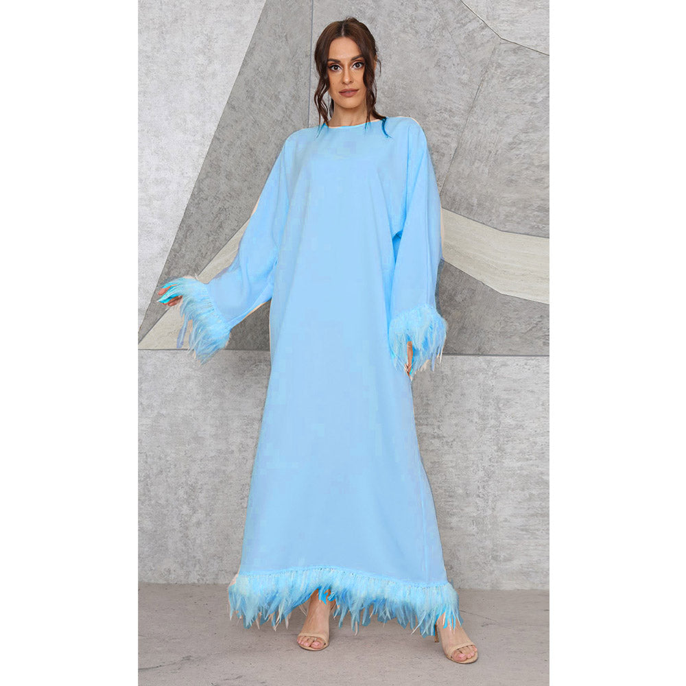 Elegant round neck long-sleeve Muslim dress with feather details