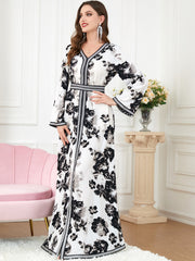 Jalabiya printing black flower dress