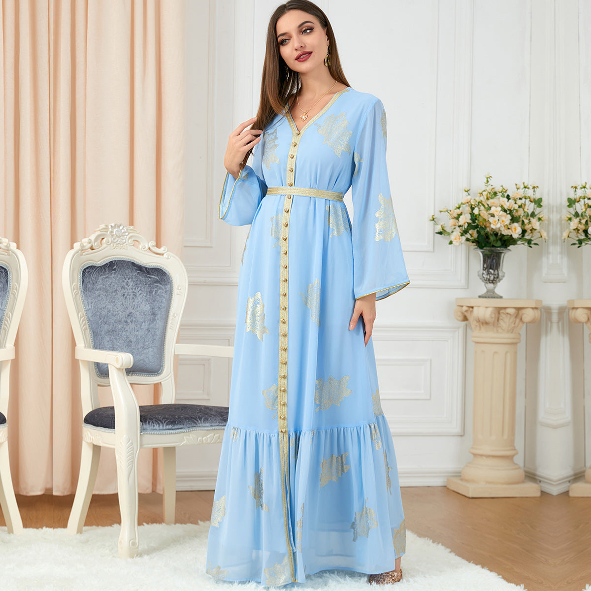 Jalabiya printing Light blue solid color printing dress