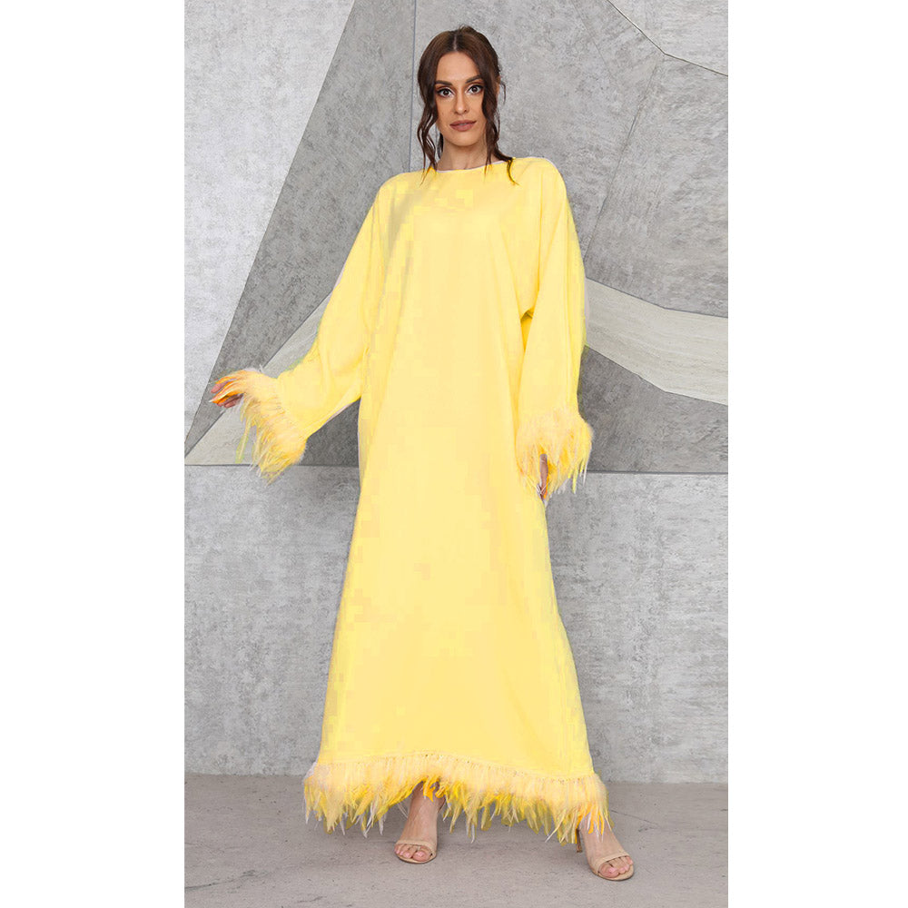 Elegant round neck long-sleeve Muslim dress with feather details