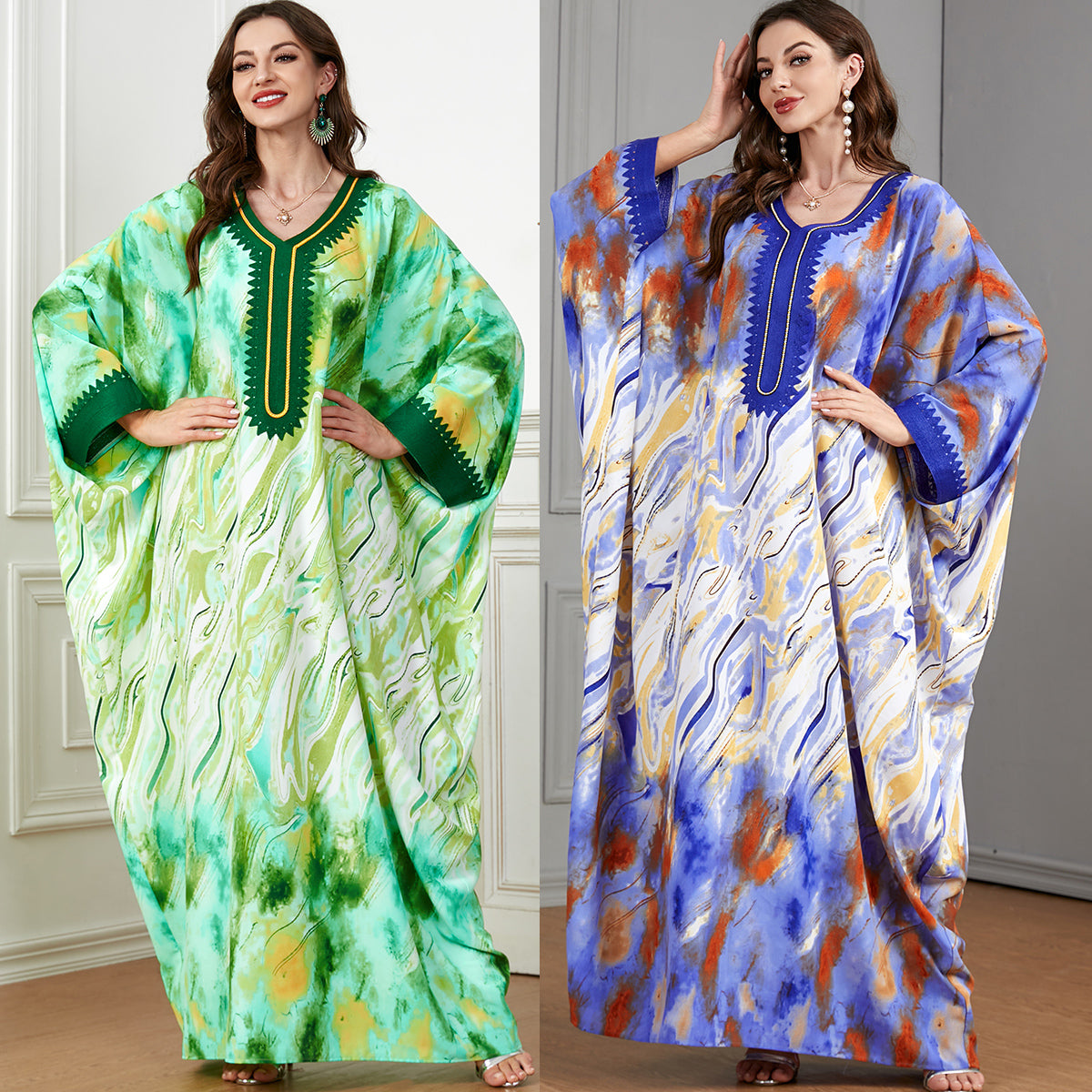 Jalabiya Vibrant printed jalabiya | Delicate lace trim on sleeves | Batwing sleeves | Exquisite and elegant maxi dress