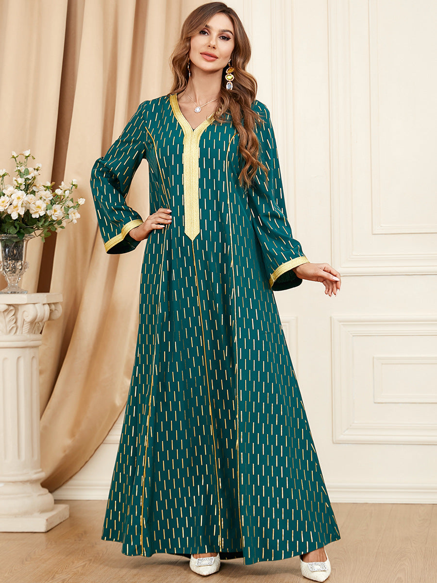 Jalabiya printing Dark green webbing stitching dress