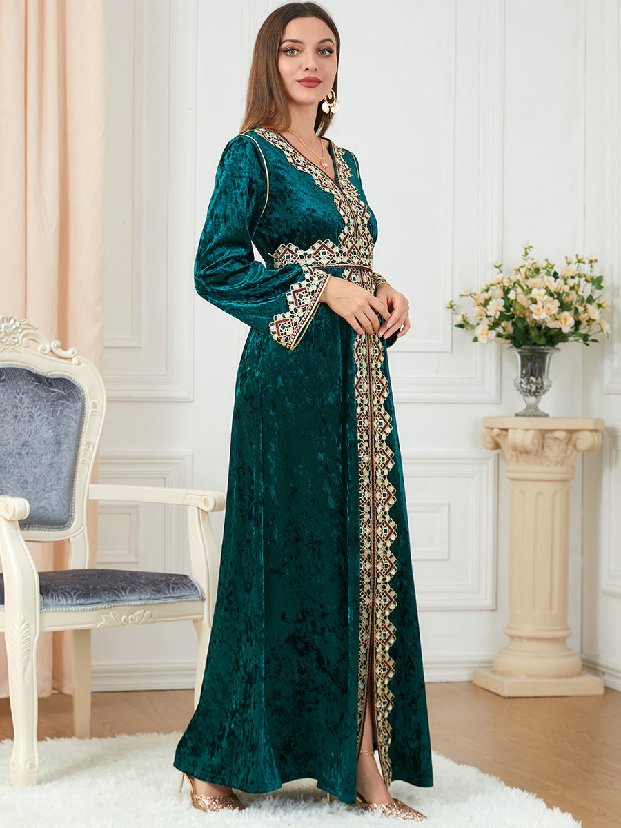 Jalabiya printing Gold velvet embroidery dress