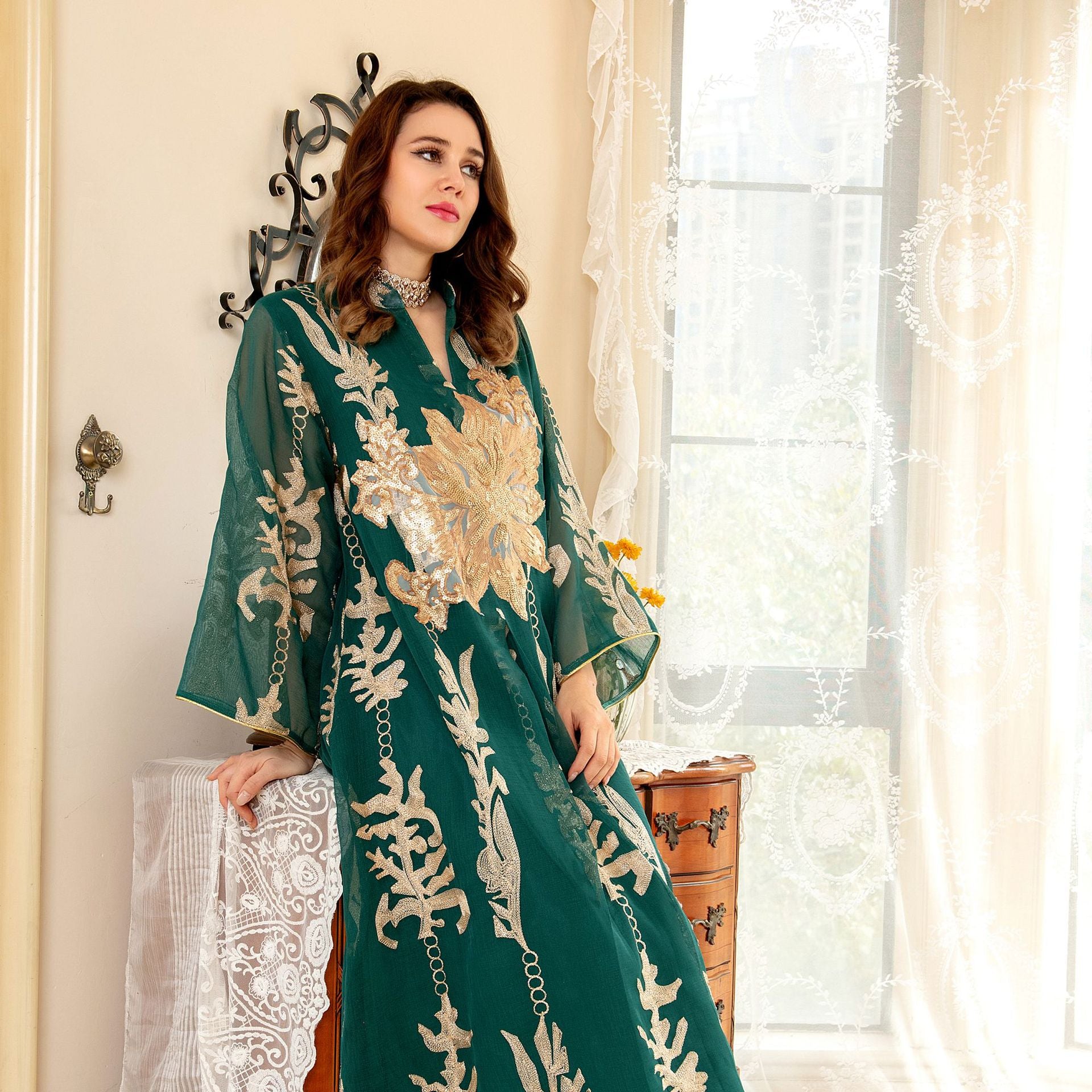 Jalabiya Sequin Embroidery Shiny Dress